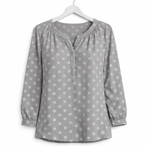 Loft Gray Smocked Hi-Lo Swiss Dot Peasant Blouse Sz Small